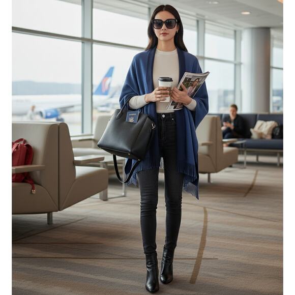 St. John Wool Rayon Blend Shawl Wrap | Reversible Navy & Periwinkle | One Size - Picture 4 of 9